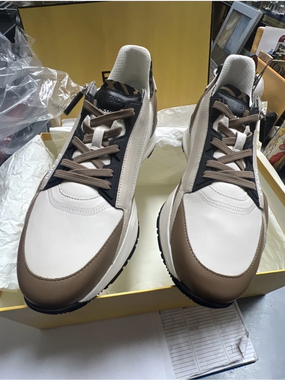 Fendi Men’s Low-Top Sneakers in White, Brown and Black